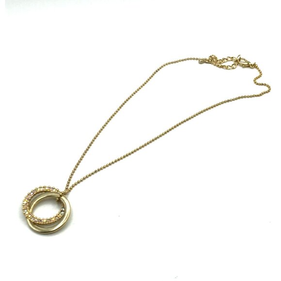 Vintage Style Gold-Tone Double Circle Pendant Necklace With Rhinestone Accent - Picture 2 of 4